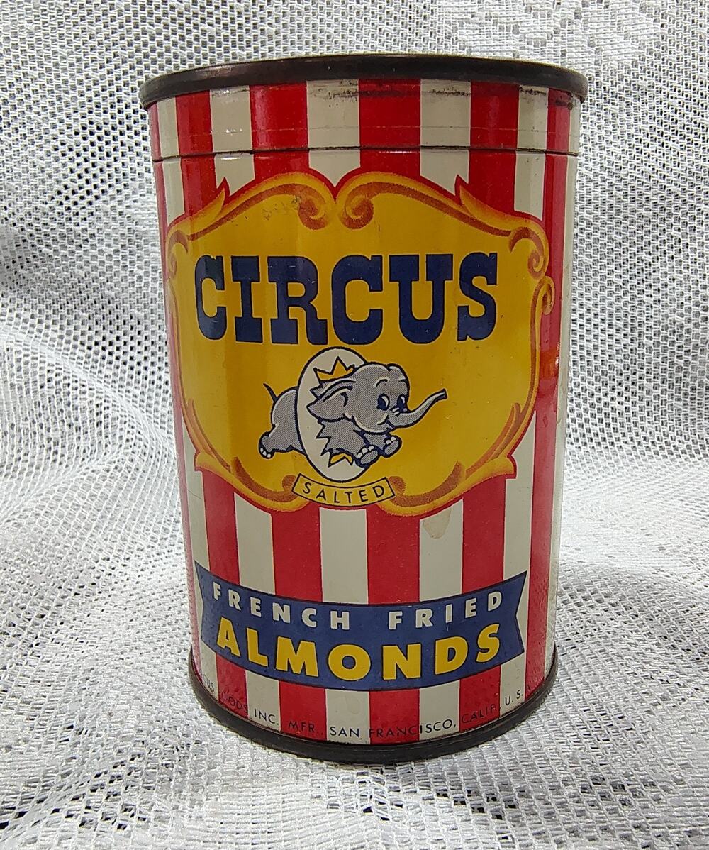 Vintage NOS Sealed Full Circus Almonds Elephant Key Wind Tin